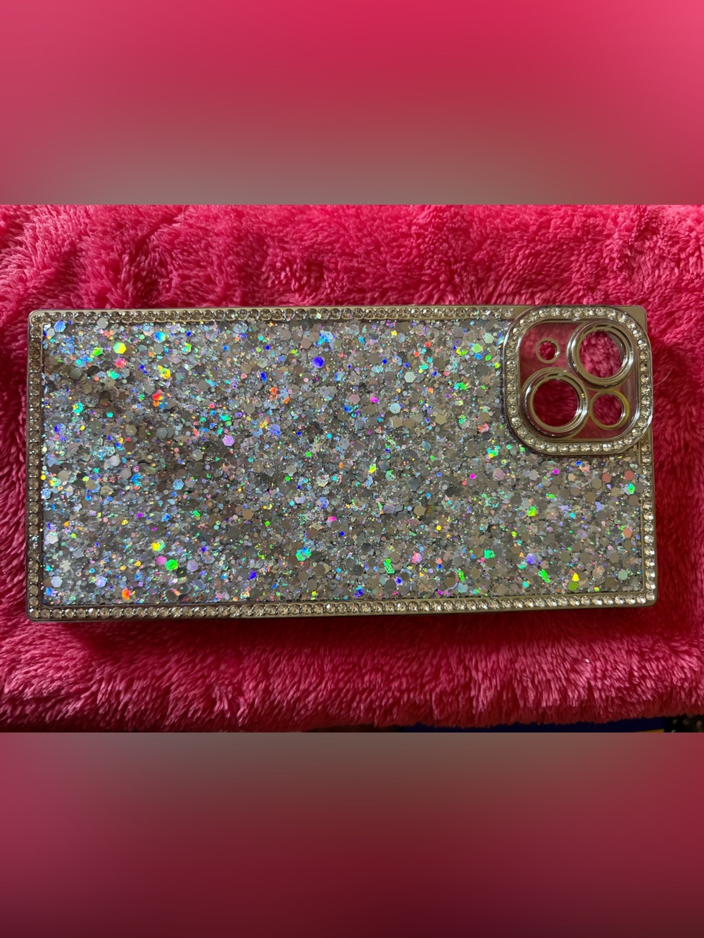 IPHONE 15 PLUS Sparkling Silver Glitter Phone Case with Rhinestone Trim